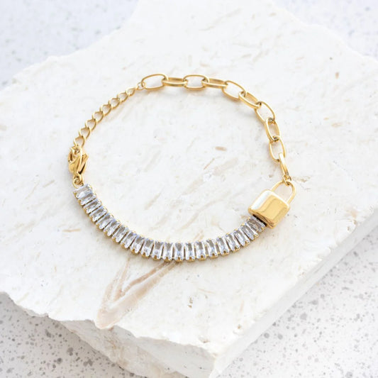 ZARAHÉ Gold Link Bracelet with Crystal Accents & Padlock Charm