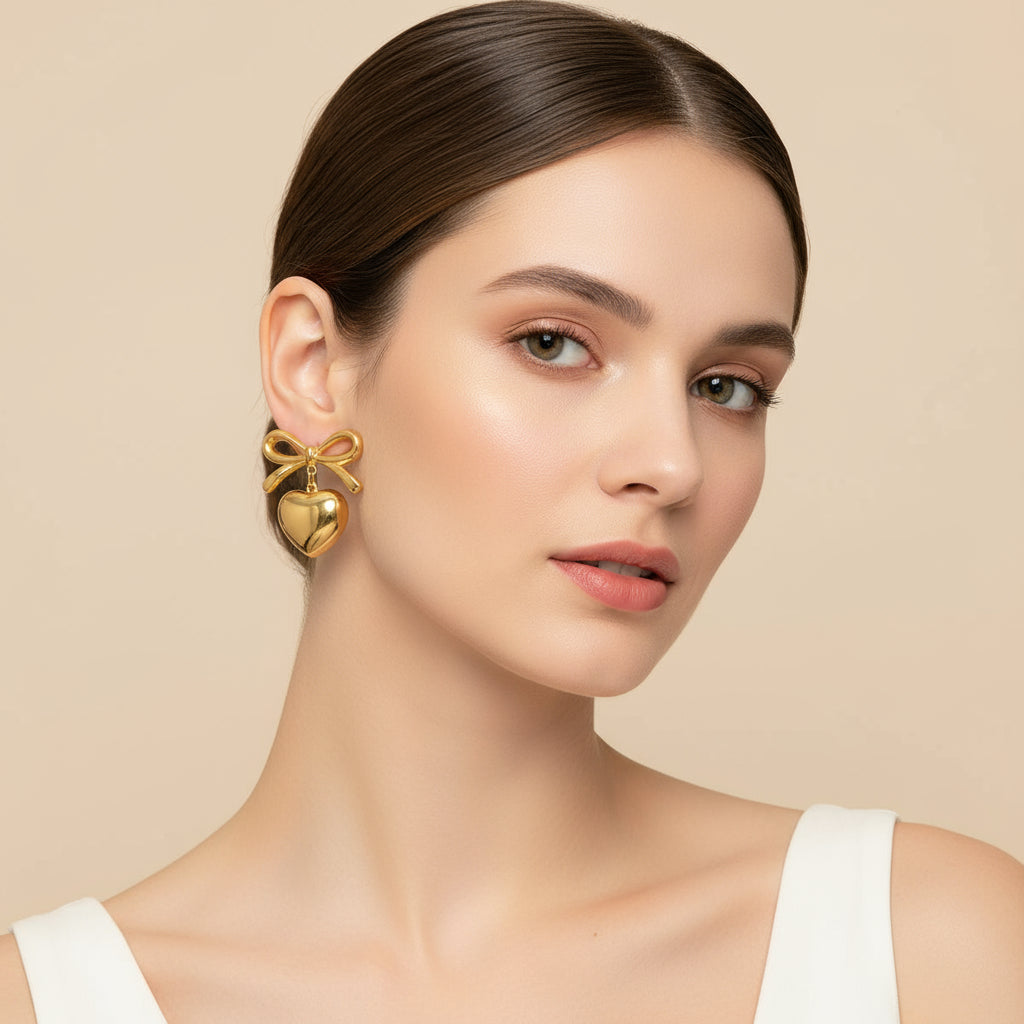 ZARAHE: Luxe Gold Bow & Heart Earrings