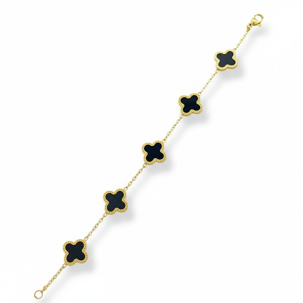 ZARAHE Elegant Clover Bracelet – Black Enamel & Gold Finish