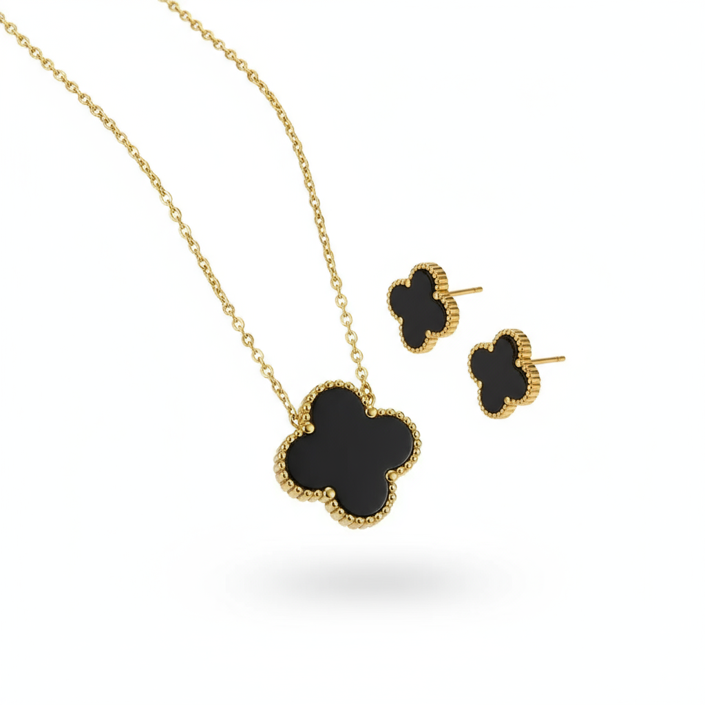 ZARAHE Premium Edition – Black Enamel Clover Necklace & Stud Earrings