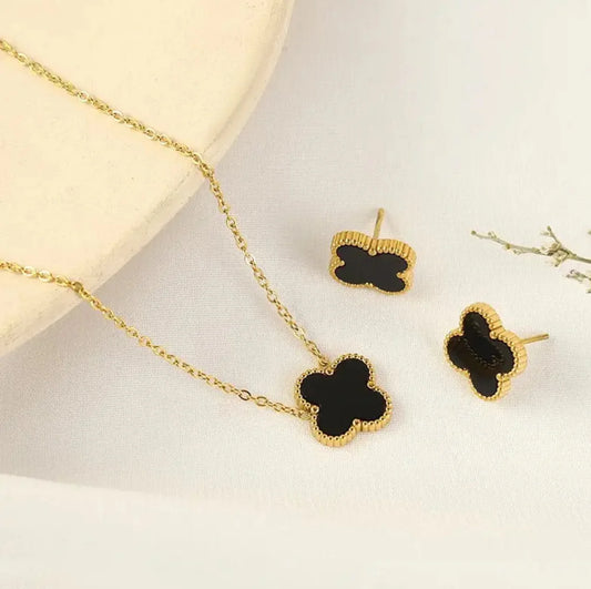 ZARAHE Premium Edition – Black Enamel Clover Necklace & Stud Earrings