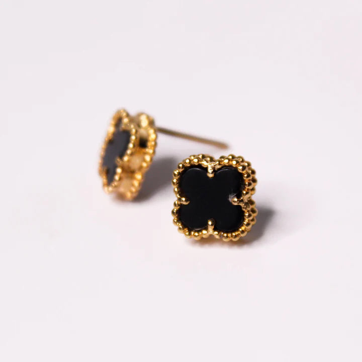 ZARAHE Noir Clover Studs – Gold Beaded Elegance with Black Enamel