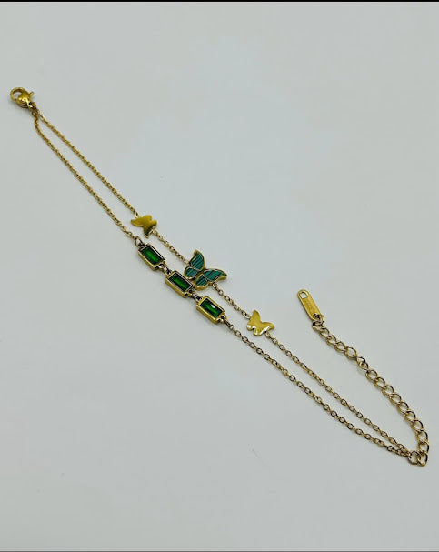 ZARAHE Emerald Wings Bracelet – Dual Chain Elegance with Butterfly Charm