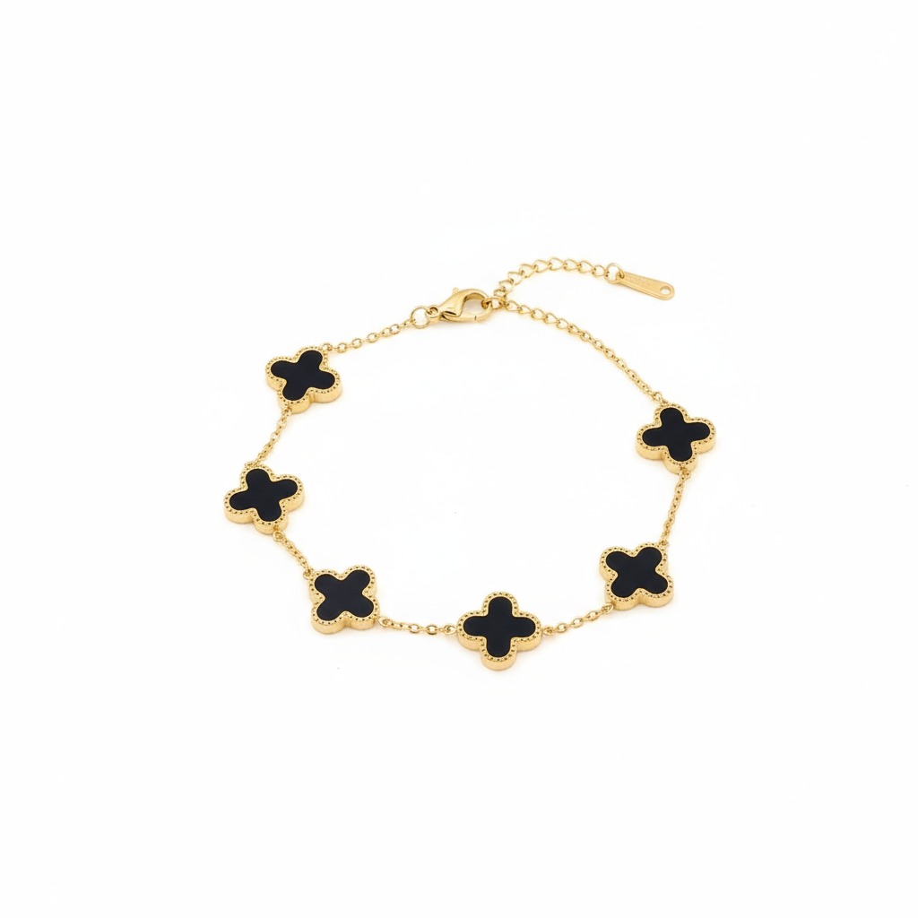 ZARAHE Elegant Clover Bracelet – Black Enamel & Gold Finish